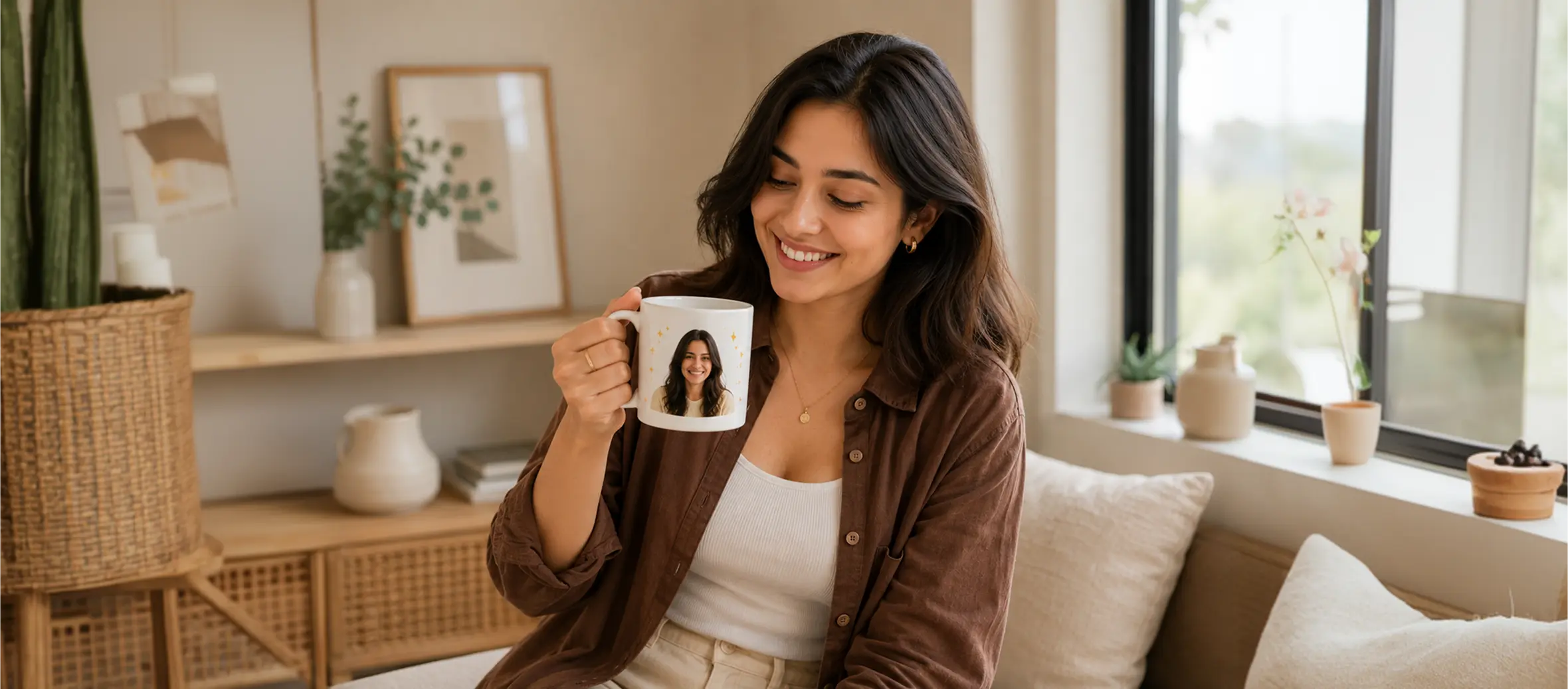 Woman smiling while holding a mug